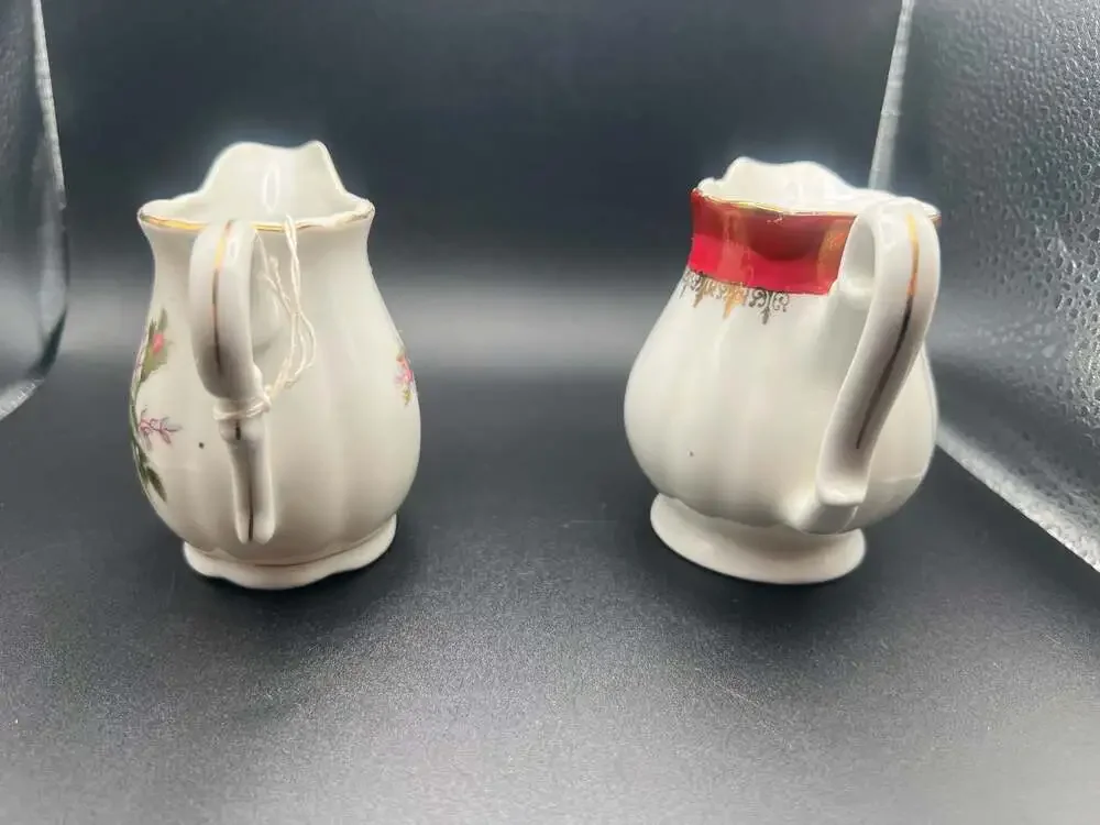 Vintage Japanese Porcelain Floral and Red-Gold Trim Creamer Pitchers (Set of 2)